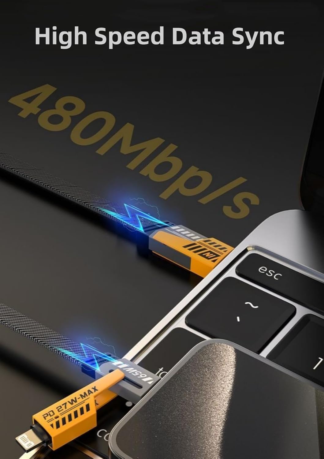 •        كابل شاحن USB متعدد 15 سم، شحن سريع 65 واط 3 في 1  (Lightning, Type-C & Micro USB)